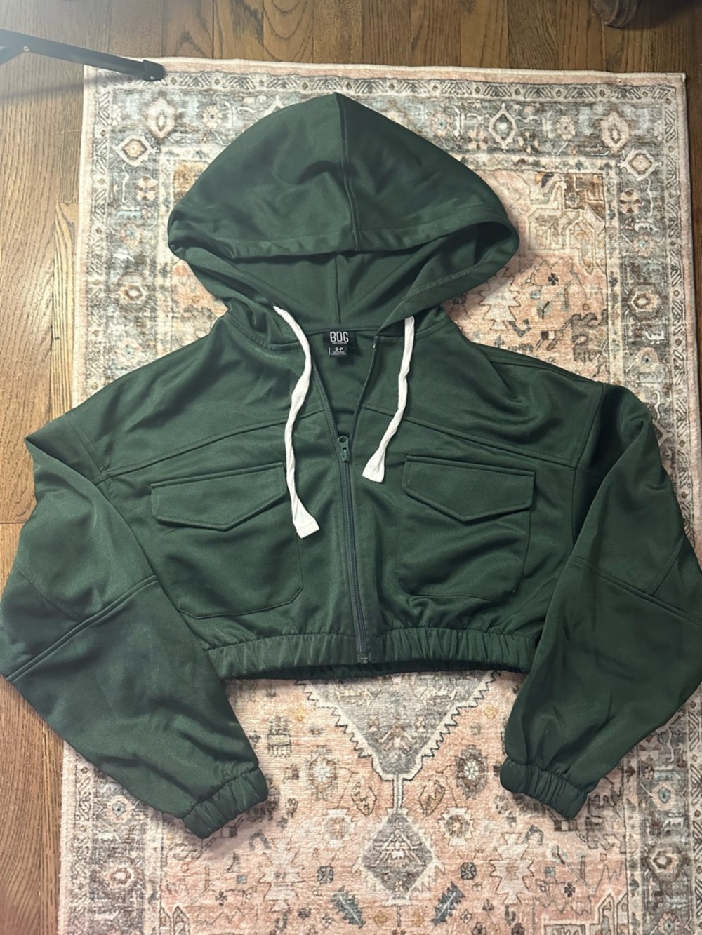 BDG Dark Green Cropped Bomber Hoodie Jacket